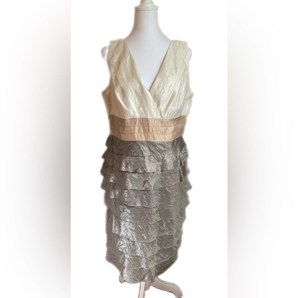 Adrianna Papell Occasions Size 14 Sage Green Ruffles Tan and Cream Color… - Picture 1 of 9